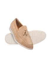 Men's beige suede moccasins BUTYM-0525-1B(W26), diagonal product view on a white background.
