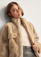 Beige short women's fur coat FUTDP-0071-81(Z25), front view of the product on the model, half of the silhouette visible.