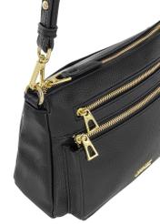 Black women's messenger bag made of imitation leather TOREC-0966A-99(Z25) - close-up of gold zippers on white background.