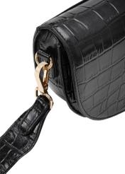 Black leather semi-circular croco messenger bag TORES-1230-9G(W26), close-up of product detail, view on white background.