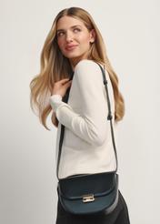 Black semi-circular women's messenger bag TOREC-1127-99(W26), front view of the product on a model, half of the silhouette visible.