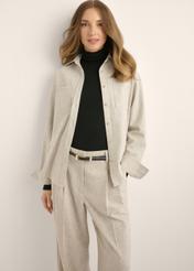 Light beige women's wool shirt KOSDT-0197-1A(Z26), front view of the product on the model. Half of the silhouette visible.