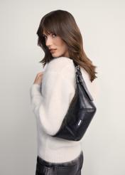 Black small women's waist bag TOREC-1087-99(Z25), front view of the product on a model, half of the silhouette visible.