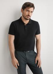 Men's black cotton polo shirt POLMT-0045B-99(W25), front view of the product on the model. Half of the silhouette visible.