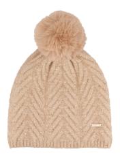 Light beige women's hat with pompom and sequins CZADT-0220-1A(Z26), front product view on white background.