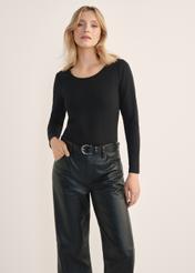 Black women's blouse with long sleeves LSLDT-0038-99(KS), product view from the front on the model, half of the silhouette visible.
