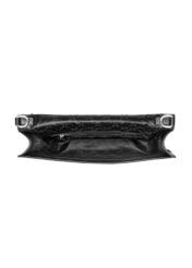 Women's black leather messenger bag TORES-1438-99(Z26). Top view on a white background.