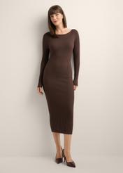 Brown ribbed midi dress SUKDT-0241-1I(Z26), front view of the product on the model. Full body visible.