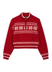 Red women's sweater with Norwegian pattern SWEDT-0273-4B(Z26), front product view on white background.