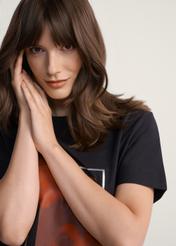 Black women's t-shirt with print TSHDT-0146-99(Z25), close-up of the product on the model.