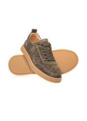 Khaki leather sports shoes BUTYM-0528-8D(W26), diagonal product view on white background.