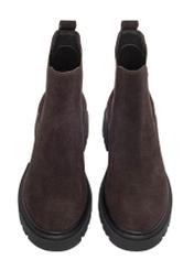 Dark brown suede women's Chelsea boots BUTYD-1093-1I(Z26), front product view on white background.