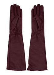 Long leather burgundy women's gloves REKDS-0088-4D(Z26), product view from the back on a white background.