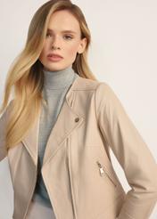 Women's beige leather biker jacket KURDS-0273-1B(KS) - front view of the product, on a model, against a light background. Half of the silhouette visible.