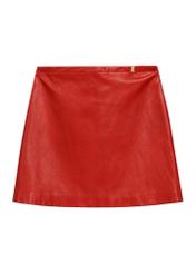 Red leather women's mini skirt SPCDS-0081-4B(W26), front product view on white background.