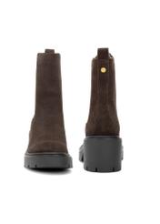 Dark brown suede women's high heel ankle boots BUTYD-1094-1I(Z26), front and back product view on white background.