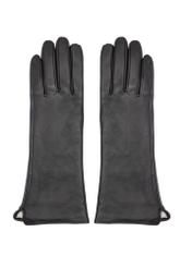 Long black leather women's gloves REKDS-0082A-99(Z25), product view from the front on a white background.