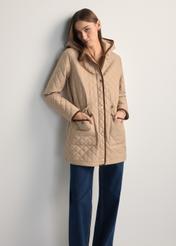Beige women's quilted jacket KURDT-0646-1B(W26), front view of the product on the model. Half of the silhouette visible.