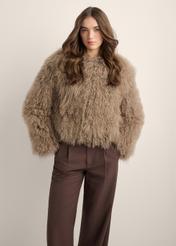 Brown short natural fur coat FUTDF-0104-1K(Z26), front view of the product on a model. Half of the silhouette visible.