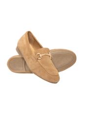 Beige suede women's moccasins BUTYD-1257-1B(W26) - product view slightly diagonal, on a white background.