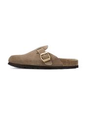 Women's suede camel flip-flops BUTYD-1267-1K(W26), side view of the product on a white background.