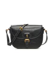 Small black women's messenger bag with decorative clasp TOREC-1243-9F(Z26) - front product view, on a white background.