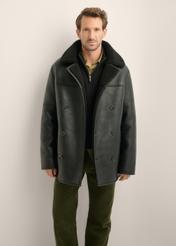 Men's black sheepskin coat KOZMP-0012-99(Z26), front view of the product on the model. Half of the silhouette visible.