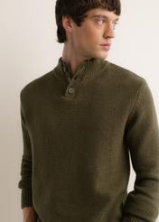 Green men's sweater with a stand-up collar SWEMT-0210-8B(Z26), front view of the product on the model. Half of the silhouette visible.