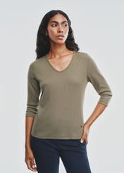 Khaki blouse V neck women's LSLDT-0036-55(Z24)-02