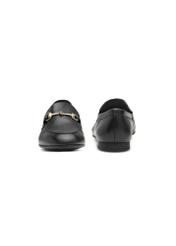 Women's leather black moccasins BUTYD-0916A-99(W26), front and back product view on white background.
