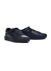 Navy blue leather sports shoes BUTYM-0503A-7E(W26), diagonal product view on white background.