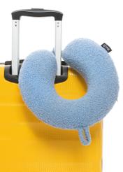 Soft blue headrest AW-014-0003-61(W25), product view on suitcase on white background.