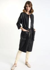 Black leather women's coat with belt KURDS-0358-5411(Z23)-02