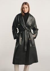 Women's black leather coat KURDS-0487-1192(Z25) - front view of the product on a model against a white background. Full body silhouette visible.