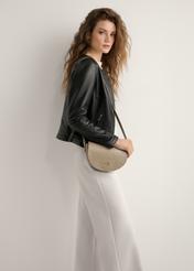 Beige semi-circular women's messenger bag TOREC-1184-1D(W26), product view on model's shoulder. Half silhouette visible.