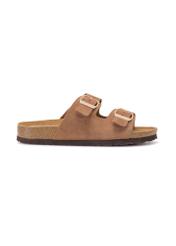 Women's leather camel flip-flops BUTYD-1158-1D(W26), side view of the product on a white background.