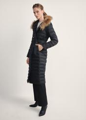 Women's long quilted jacket with duck down KURDT-0616-99(Z25), side view of the product on a model. Full body visible.