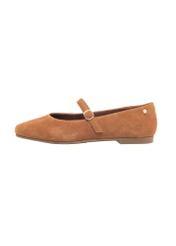 Cognac suede ballet flats with belt BUTYD-1145-1F(Z26), side view of the product on a light background.