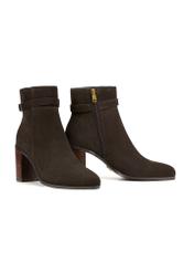 Brown suede women's ankle boots with BUTYD-1214-1I(Z26) logo, diagonal product view on white background.