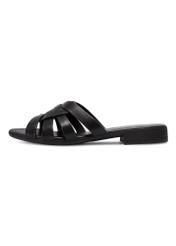 Women's leather flip-flops in black BUTYD-1266-99(W26), side view of the product on a white background.