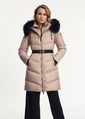 Beige women's jacket with fur KURDT-0465-81(Z23)-03