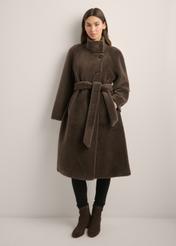 Women's brown wool fur coat FUTDW-0041-1I(Z26), front view of the product on the model. Full body visible.