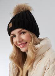 Black women's cap with pompom CZADT-0066-99(Z24)-01