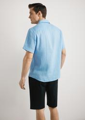 Men's blue linen shirt KOSMT-0359-7B(W26), back view of the product on the model. Half of the silhouette visible.