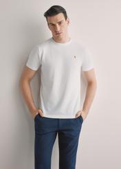 Men's cream cotton t-shirt TSHMT-0136-0B(W26), front view of the product on the model. Half of the silhouette visible.