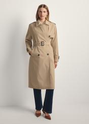 Long beige women's coat KURDT-0512-1C(W26), front view of the product on the model. Full body visible.