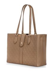 Beige women's handbag with monogram TOREC-0831A-81(Z25) - diagonal view of the product on a white background.