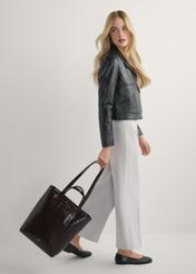 Large brown leather croco women's handbag TORES-1232-1H(W26), product view in model's hand. Full body visible.