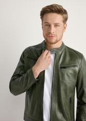 Men's Khaki Leather Jacket KURMS-0338-8D(W26) - Front view of the product, on a model, against a light background. Half of the silhouette visible.