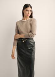 Woolen sweater in camel color SWEDT-0267-1D(Z26), product view from the front on the model, half of the silhouette visible.